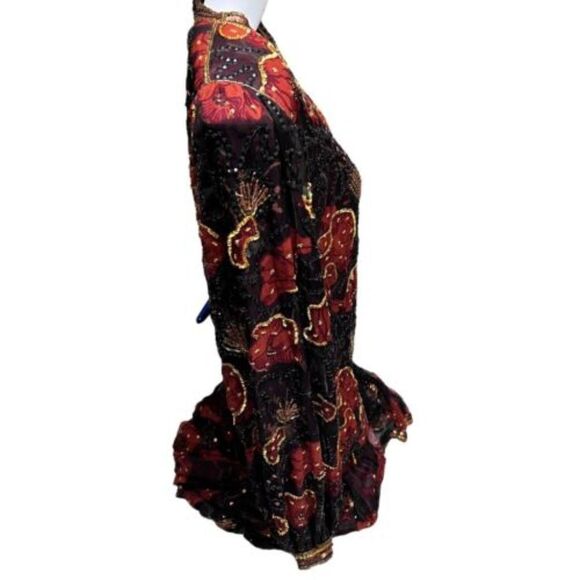 JUDITH ANN CREATIONS Xs SILK FLOWER PRINT BEAD & SEQUINS DRESS Burgundy Modest - Picture 8 of 12